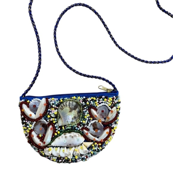 Beaded Sea Shell Purse Blue Multi Coastal Boho Mermaid Festival - Picture 1 of 9